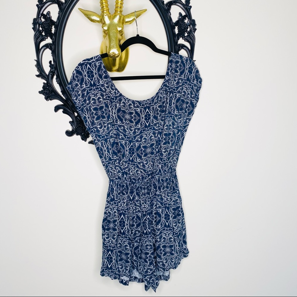 Others Follow Navy and White Floral Paisley Pattern Romper with Tie Back